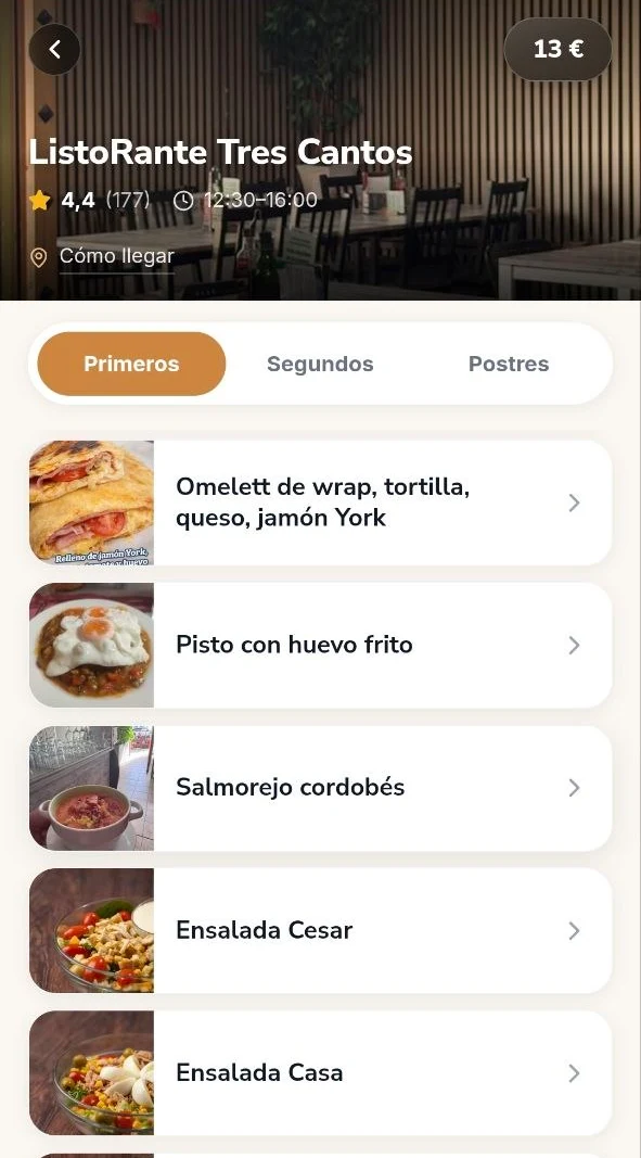 Menú de ListoRante publicado en Qué Comeré, con foto en cada plato