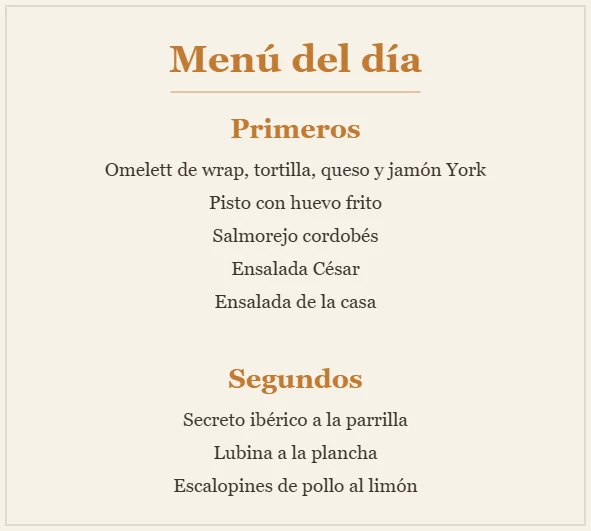 Foto del menú del día